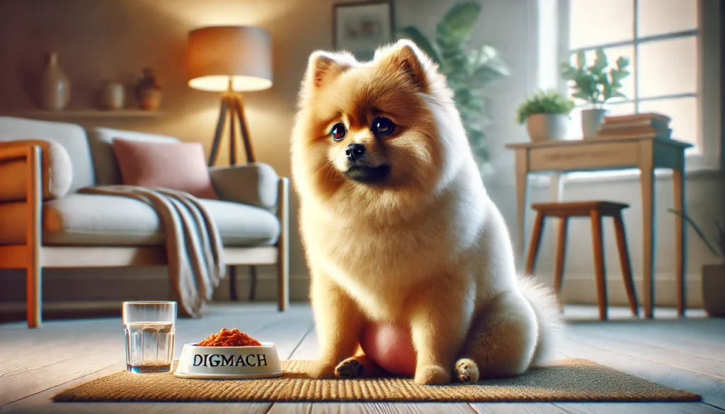 A hyper-realistic, high-quality image of a Pomeranian sitting with a slightly concerned expression, conveying signs of stomach discomfort. The dog should have a soft, fluffy coat, gentle eyes, and a slightly hunched or cautious posture, as if feeling uneasy. The setting should be cozy and warm, featuring a clean, modern background with soft lighting and subtle elements like a pet-friendly digestive aid, a bowl of water, or a comfortable blanket to emphasize care and comfort. Ensure the composition is visually appealing, modern, and detailed, avoiding any visible text.