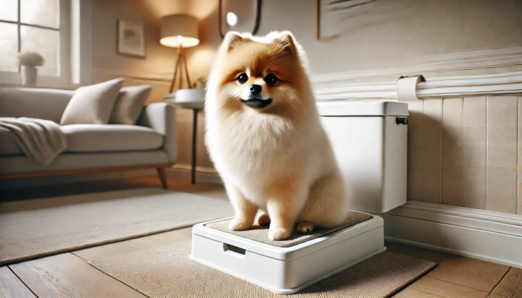 A hyper-realistic, high-quality image of a Pomeranian sitting on a small dog toilet, looking slightly shy but comfortable. The dog should have a soft, fluffy coat, bright expressive eyes, and a gentle expression. The setting should be clean and inviting, featuring a modern home environment with soft lighting and subtle elements like a neatly arranged pet area. Ensure the composition is visually appealing, modern, and detailed, avoiding any visible text.