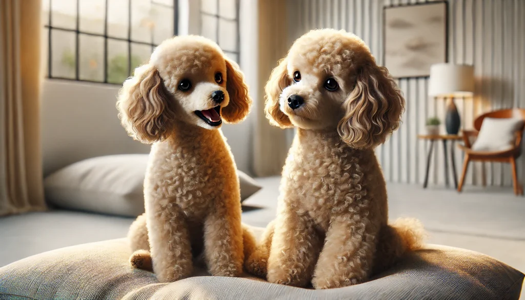 A hyper-realistic, high-quality image of two Toy Poodles sitting together, appearing to be sharing their thoughts with each other. One dog should have an expressive face, as if speaking, while the other listens attentively with perked-up ears and a curious expression. Both should have fluffy, well-groomed coats, conveying warmth and friendliness. The setting should be cozy and inviting, featuring a clean, modern background with soft lighting and subtle elements like a relaxed home environment or a park setting. Ensure the composition is visually appealing, modern, and detailed, avoiding any visible text.