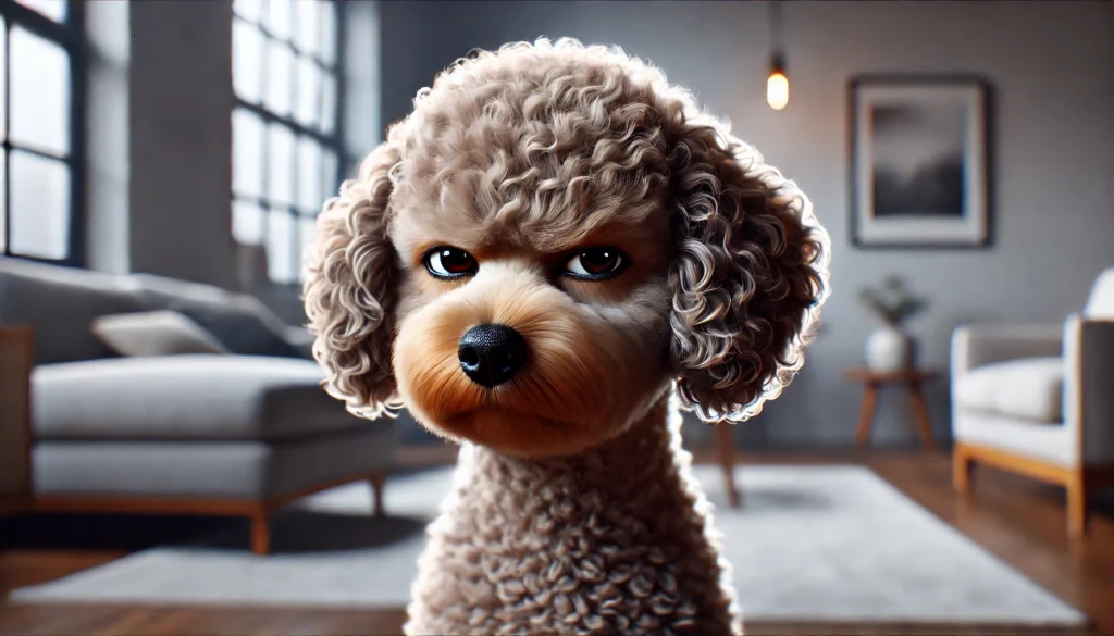 A hyper-realistic, high-quality image of a Toy Poodle looking suspicious, with narrowed eyes and a slightly tilted head, as if doubting or questioning something. The dog should have a fluffy, well-groomed coat and an expressive face conveying curiosity and skepticism. The setting should be cozy and inviting, featuring a clean, modern background with soft lighting and subtle elements like a mysterious shadow or an object that might be causing suspicion. Ensure the composition is visually appealing, modern, and detailed, avoiding any visible text.