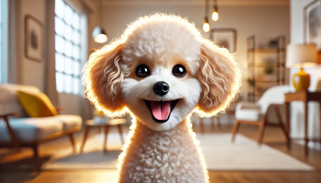 A hyper-realistic, high-quality image of a Toy Poodle with a big, joyful smile, radiating happiness and excitement. The dog should have bright, expressive eyes, perked-up ears, and a fluffy, well-groomed coat, conveying pure joy. The setting should be warm and inviting, featuring a clean, modern background with soft lighting to enhance the cheerful atmosphere. Ensure the composition is visually appealing, modern, and detailed, avoiding any visible text.