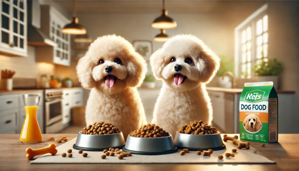 A hyper-realistic, high-quality image of two Toy Poodles happily eating dog food from their respective bowls. Both dogs should have fluffy, well-groomed coats and bright, expressive eyes, showing enjoyment as they eat. The setting should be warm and inviting, featuring a clean, modern background with soft lighting and subtle elements like fresh ingredients or a neatly arranged feeding area. Ensure the composition is visually appealing, modern, and detailed, avoiding any visible text.