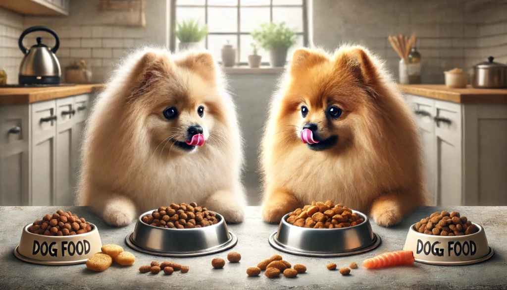 A hyper-realistic, high-quality image of two Pomeranians sitting side by side, each tasting different types of dog food from separate bowls. The dogs should have fluffy, well-groomed coats and expressive faces, showing curiosity and enjoyment as they compare their meals. The setting should be clean and inviting, featuring a modern background with soft lighting and subtle elements like fresh ingredients or packaging to emphasize the dog food comparison. Ensure the composition is visually appealing, modern, and detailed, avoiding any visible text.