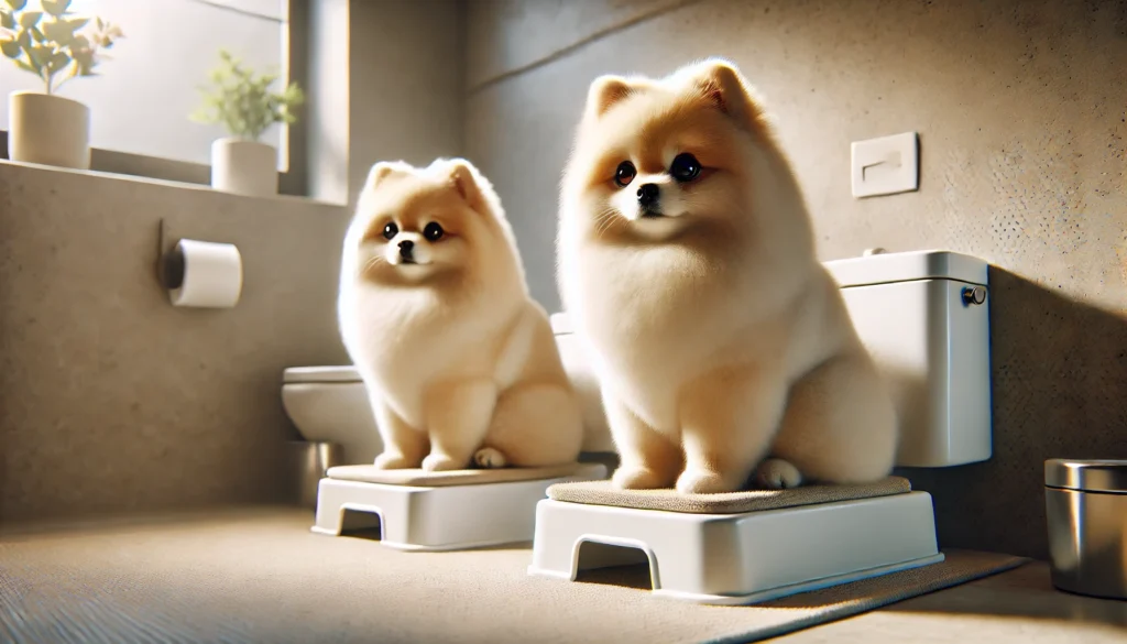 A hyper-realistic, high-quality image of two Pomeranians sitting on small dog toilets, looking slightly shy but comfortable. The dogs should have soft, fluffy coats, bright expressive eyes, and gentle expressions. The setting should be clean and inviting, featuring a modern home environment with soft lighting and subtle elements like a neatly arranged pet area. Ensure the composition is visually appealing, modern, and detailed, avoiding any visible text.