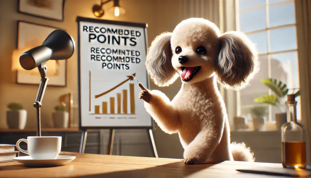 A hyper-realistic, high-quality image of a Toy Poodle enthusiastically presenting recommended points, as if explaining the benefits of a product. The dog should have a bright, engaging expression, perked-up ears, and a confident stance. The setting should be warm and inviting, featuring a clean, modern background with soft lighting and subtle elements like a whiteboard, a notepad, or a pointing gesture to emphasize the informative theme. Ensure the composition is visually appealing, modern, and detailed, avoiding any visible text.